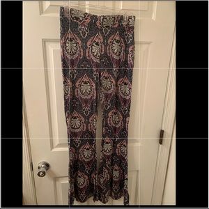 Long flare boho pattern stretch pants blue purple